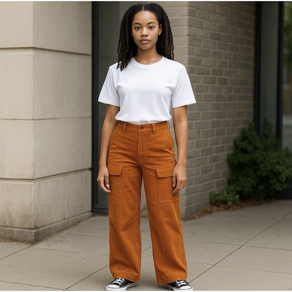 Hunter & Brown Corduroy Pants Womens Rust Wide Leg Baggy Cargo Festival‎ 28x29 - Picture 1 of 10